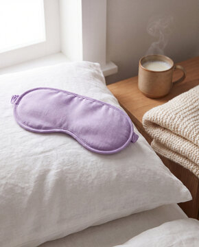 Soft fabric sleep mask resting on a fresh white pillow with morning light and warm milk nearby