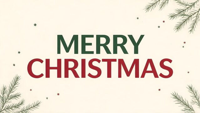 Christmas typography design featuring bold &ldquo;MERRY CHRISTMAS&rdquo; text, warm cream background, dark green and burgundy accents, simple tree branches and geometric stars in a Scandinavian style.