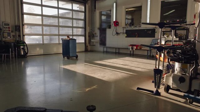 Professional car repair service's interior, spacious workshop with clean, organised bays and hydraulic lifts for vehicle access.