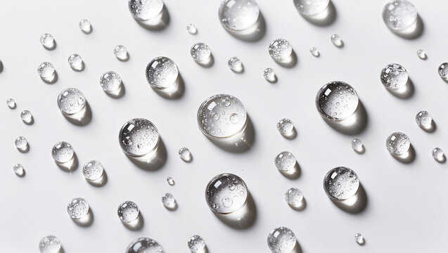 Transparent water droplets scattered on a white background in top view flat lay, minimal skincare hydration and serum texture concept with copy space