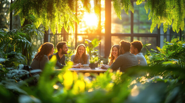 Diverse group of friends enjoying conversation and laughter around a table in a lush, sunlit greenhouse.
