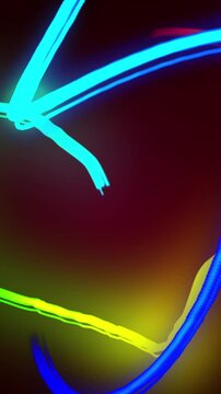 Animation of blue, green, orange and red light trails and heart shape on black background