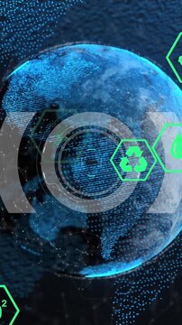 Animation of ecology and green energy icons over globe of connections