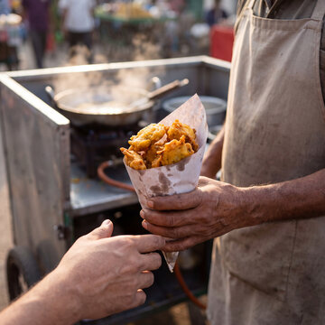 Street food vendor hands serving a paper cone of fried snacks to a customer at a vibrant market