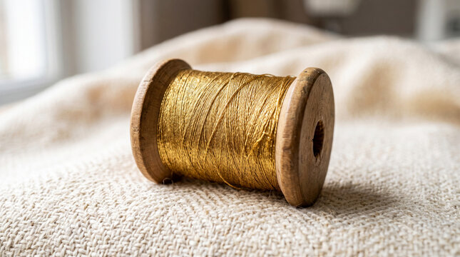 A vintage wooden spool wrapped with shimmering golden metallic thread resting on a soft textured fabric background
