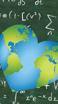 Animation of heart with map over mathematical equations on chalkboard