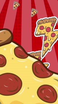 Animation of pizza icons over stripes on red background