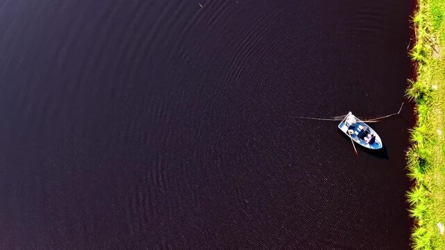 Aerial view of a small boat with a person rowing on a calm dark lake near a grassy shoreline in Latvia.