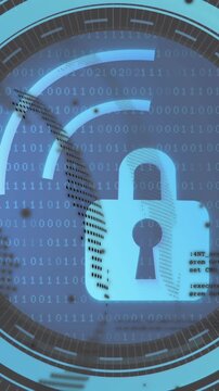 Animation of scope scanning with padlock icon and data processing over globe on black background