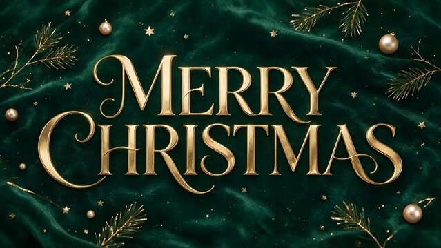 Luxury Christmas poster featuring large &ldquo;MERRY CHRISTMAS&rdquo; in realistic metallic gold typography on a rich emerald velvet background, with golden stars, pine needles, ornaments and sparkling particles.