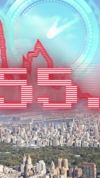 Animation of data processing and clocks over cityscape