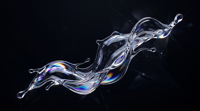 Floating liquid glass splash iridescent reflections dark mode