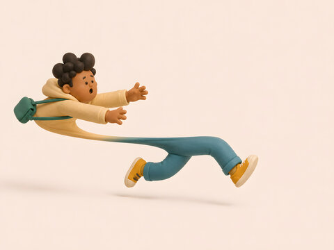 Stretched clay character reaching forward while running, surreal visual metaphor for 
overextension, pressure and chasing goals with large copyspace