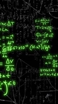 Animation of mathematical formulae and scientific data processing over black background