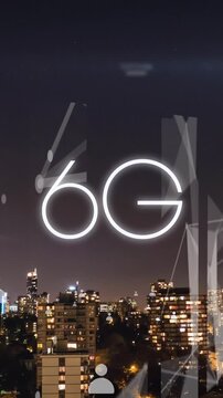 Animation of 6g text, cityscape and computer data processing