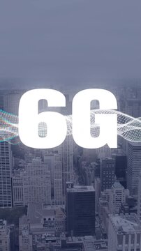 Animation of 6g text, cityscape and connections