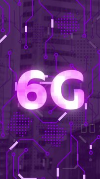Animation of 6g text, cityscape and connections