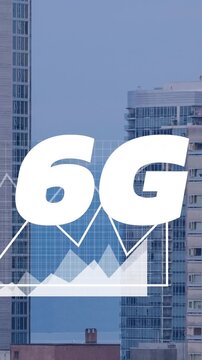 Animation of 6g text, cityscape and data processing