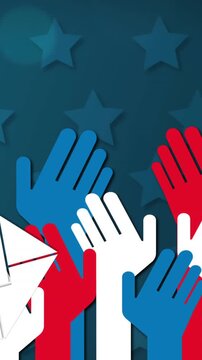 Multiple envelope icons and hands against stars on blue background