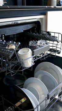 Close-up of an open modern built-in dishwasher packed with plates, mugs, and cutlery. Domestic chores, home appliance, and kitchen interior concept with selective focus.
