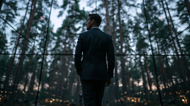 Businessman in Suit Looking Out Glass Wall at Forest