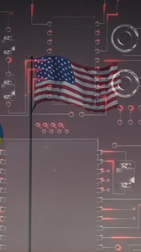 Animation of circuit baord over flag of russia, ukraine and united states of america