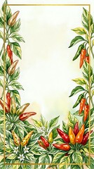Obraz premium Botanical illustration of red chili peppers with green foliage and golden frame border, suitable for culinary designs, recipe cards, and kitchen decor projects.
