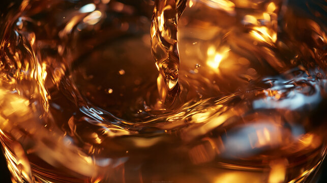 Pouring Amber Whiskey Liquid into Glass with Swirling Splash