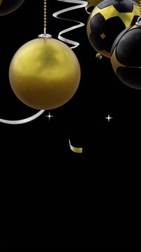 Animation of gold and silver balloons with baubles on black background