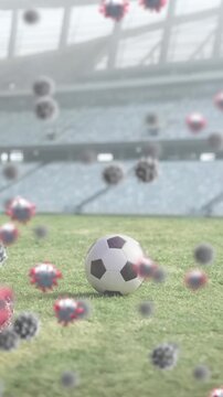 Covid-19 cells against soccer ball on sports stadium