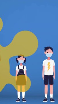 Covid-19 cell icons over family wearing face masks against blue background