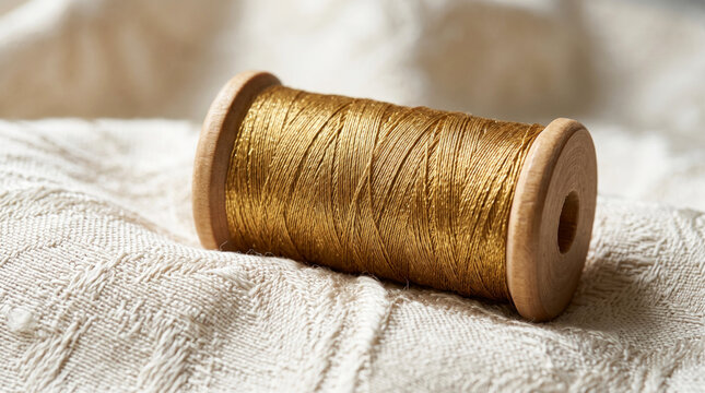 A single wooden spool of shiny metallic gold thread resting on a textured white fabric background