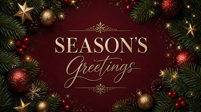 Elegant Christmas greeting card featuring clearly readable &ldquo;SEASON&rsquo;S GREETINGS&rdquo; typography, combining refined serif and handwritten lettering with burgundy