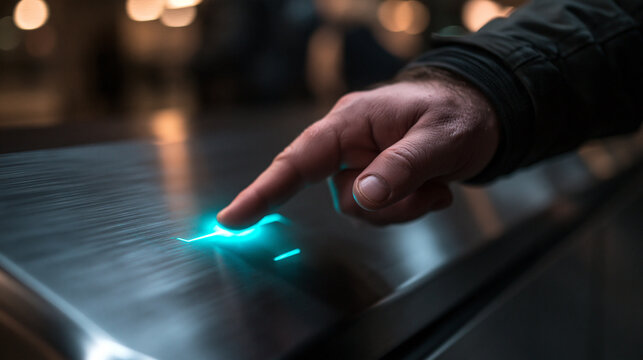 Hand Pressing Glowing Futuristic Biometric Touch Screen Interface