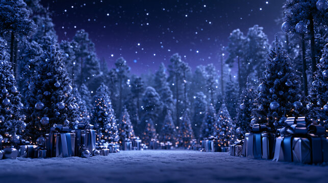 Decorated Christmas Trees and Gifts in Snowy Winter Forest at Night