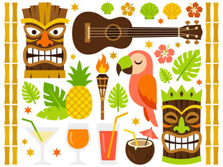 Hawaiian Tiki Party Icon Set with Masks, Ukulele, and Tropical Elements © Rnb