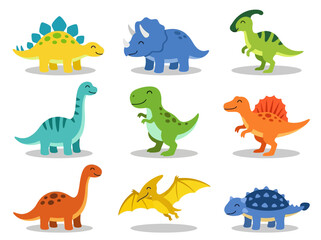 Cute Cartoon Dinosaur Character Collection, Set of Colorful Flat Vector Dinosaur Illustrations for Kids, Isolated Prehistoric Animal Icons © Rnb