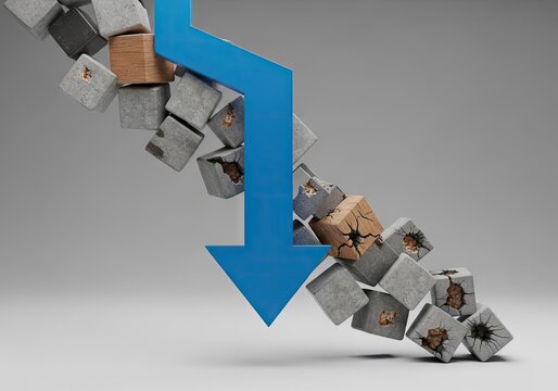 Concrete cubes tumbling down with blue directional arrow.