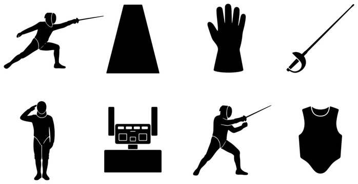 Fencing Sport Icons Set: Silhouette Athletes, Equipment, and Gear for Athletic Competition Graphics
