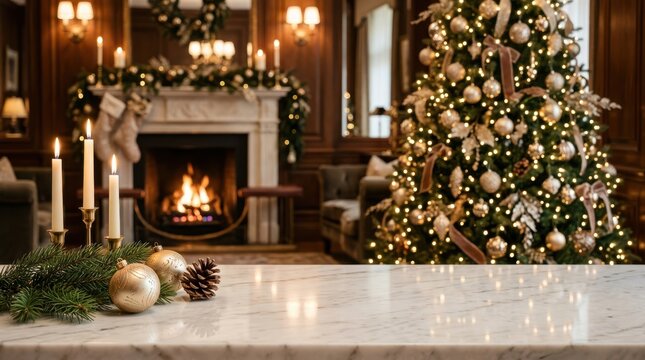 Empty table in a cozy living room with a decorated christmas tree
