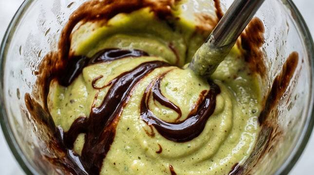 Creamy Avocado Smoothie Swirled with Rich Chocolate Syrup Top-Down Close-Up