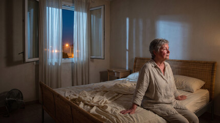Fototapeta premium Older Woman Restless in Tropical Heatwave Night at Home