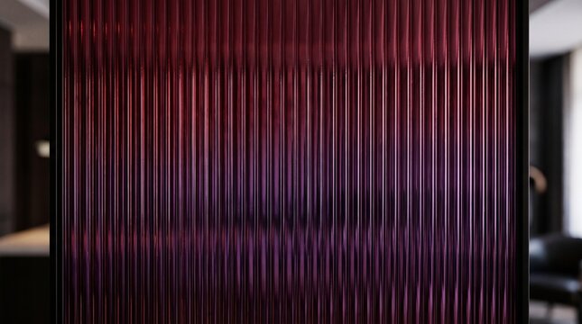 Abstract fluted glass texture with vertical lines, dark red and purple gradient ribbed glass background, elegant reeded glass panel for luxury interior design, textured architectural surface.