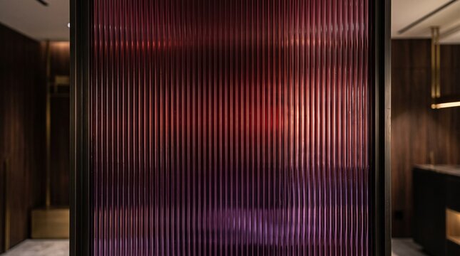 Abstract fluted glass texture with vertical lines, dark red and purple gradient ribbed glass background, elegant reeded glass panel for luxury interior design, textured architectural surface.