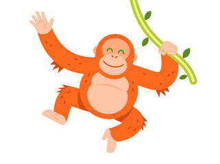 Cute cartoon orangutan swinging on a green vine vector illustration