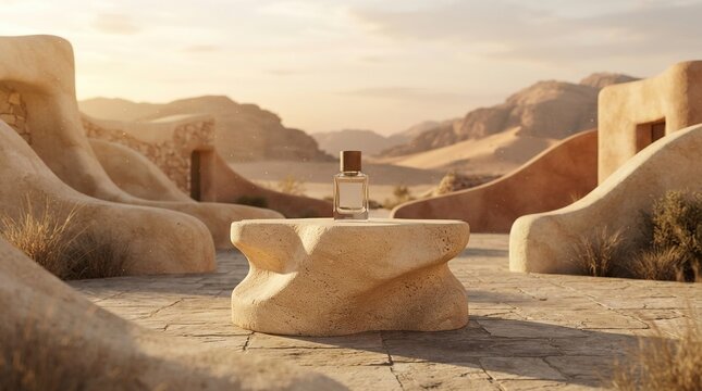 Luxury Perfume Bottle on Stone Pedestal in Desert Adobe Village Background at Sunset Golden Hour