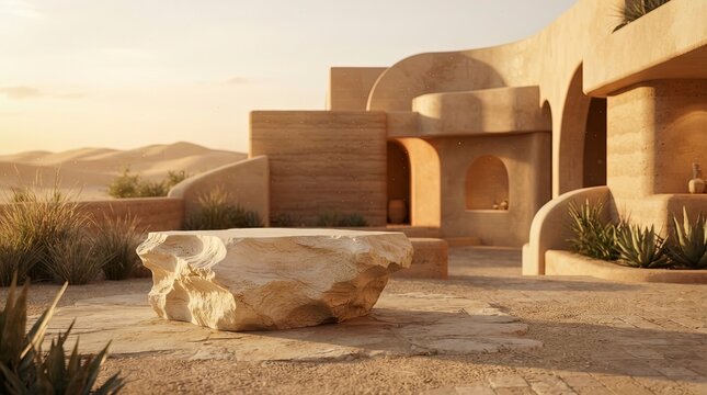 Natural Stone Pedestal for Product Display in Front of Modern Adobe Architecture Desert Background