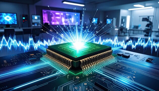 Advanced AI Microchip Processor with Digital Signal Waves and Glowing Energy Burst in High-Tech Lab