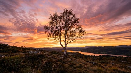 Fototapeta premium Birch Tree Standing on Hill at Sunset Over Lake