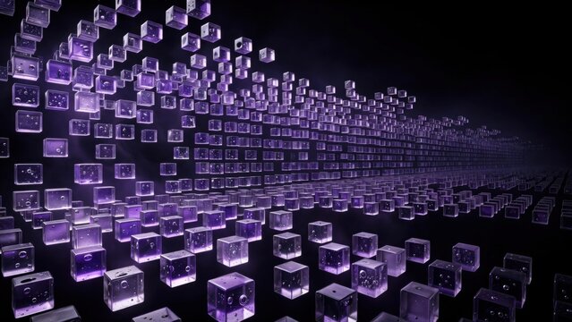 Abstract Digital Art of Glowing Purple Cubes in a Futuristic Grid Formation.